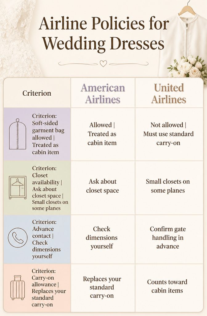 How to Fly with a Wedding Dress in 2026 2 An information graphic about airline policies for wedding dresses.