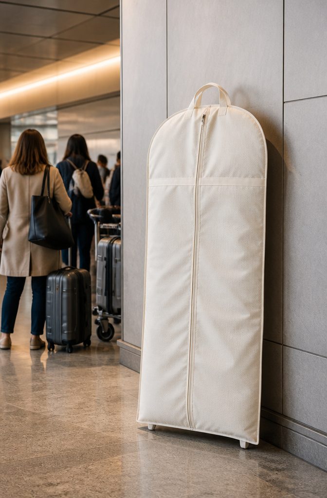 How to Fly with a Wedding Dress in 2026 3 A WallyBags 60" Deluxe Bridal Garment Bag against a textured airport wall.