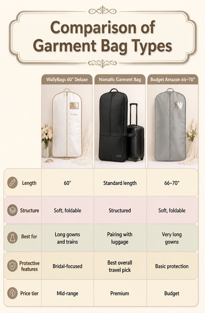 How to Fly with a Wedding Dress in 2026 10 A comparison chart of garment bag types for wedding dresses.