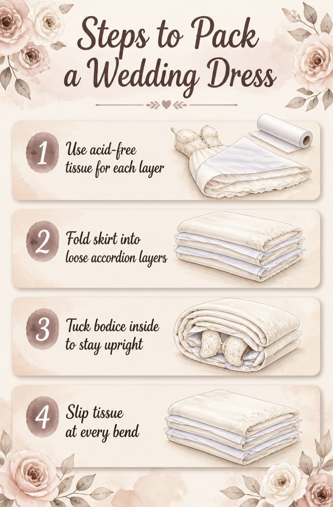 How to Fly with a Wedding Dress in 2026 4 An information graphic showing steps to pack a wedding dress.