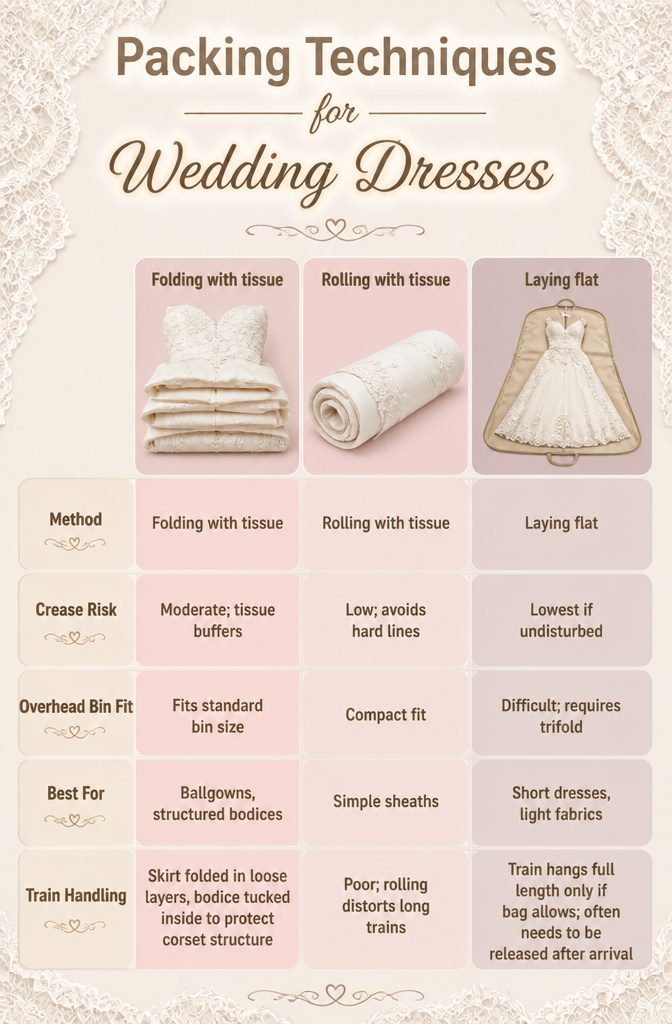 How to Fly with a Wedding Dress in 2026 11 An information graphic comparing packing techniques for wedding dresses.