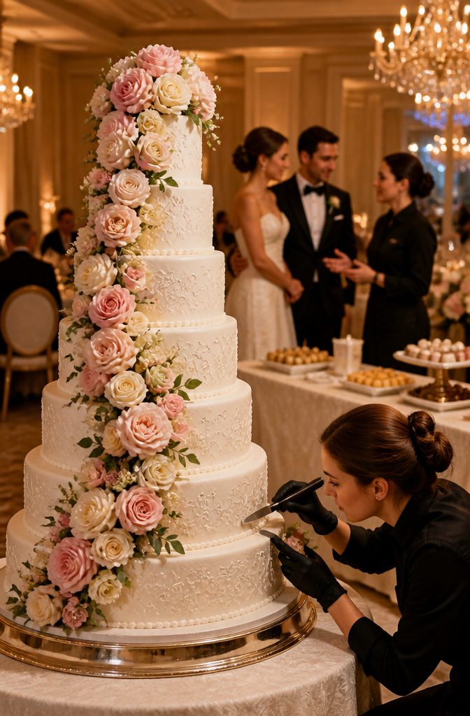How to Handle Wedding Day Emergencies: A Practical Guide 8 A buttercream wedding cake displayed outdoors under sunlight.