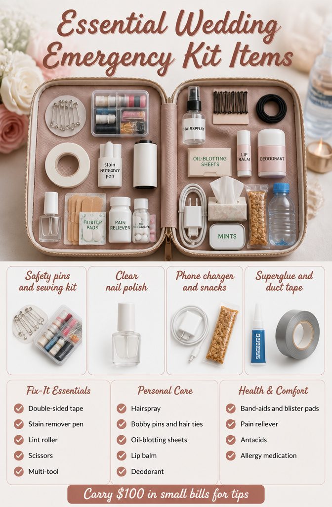 How to Handle Wedding Day Emergencies: A Practical Guide 11 An assortment of items in a wedding emergency kit.