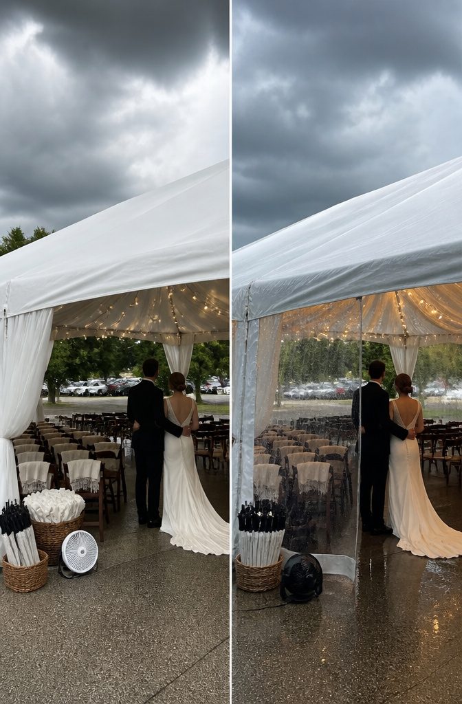 How to Handle Wedding Day Emergencies: A Practical Guide 2 A wedding setup with chairs and decorations under a cloudy sky.