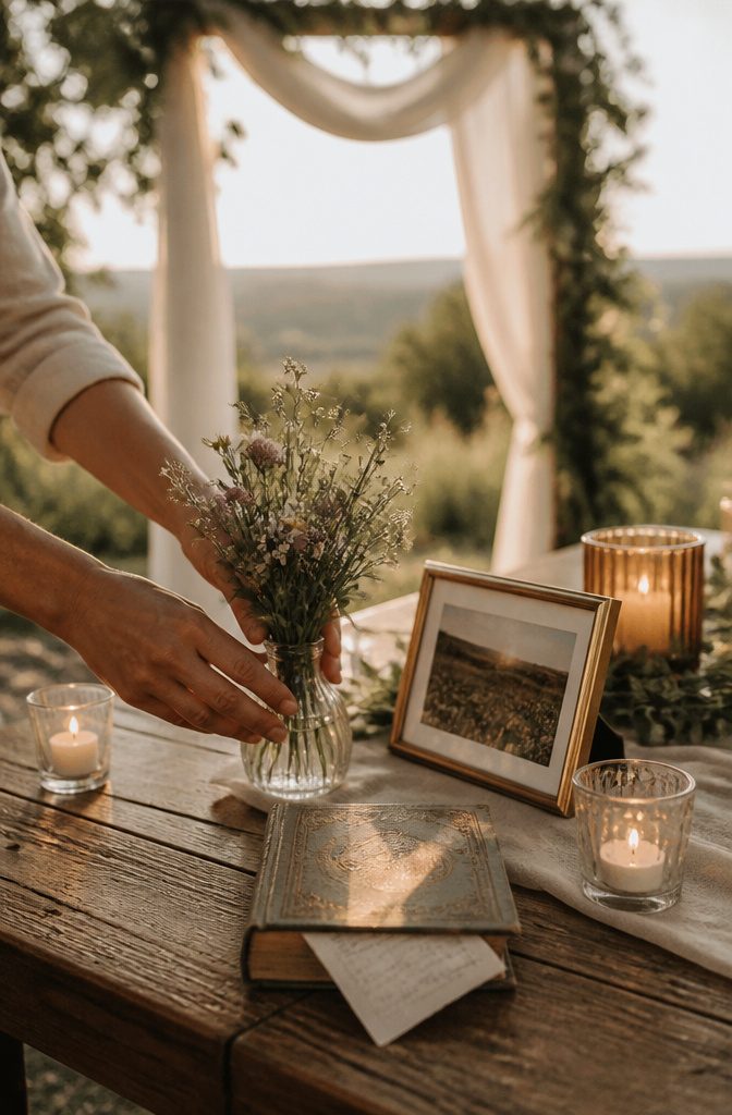 How to Plan a Small Wedding Ceremony: 7 Steps for 2026 8 Rustic table with wildflowers and personal mementos.