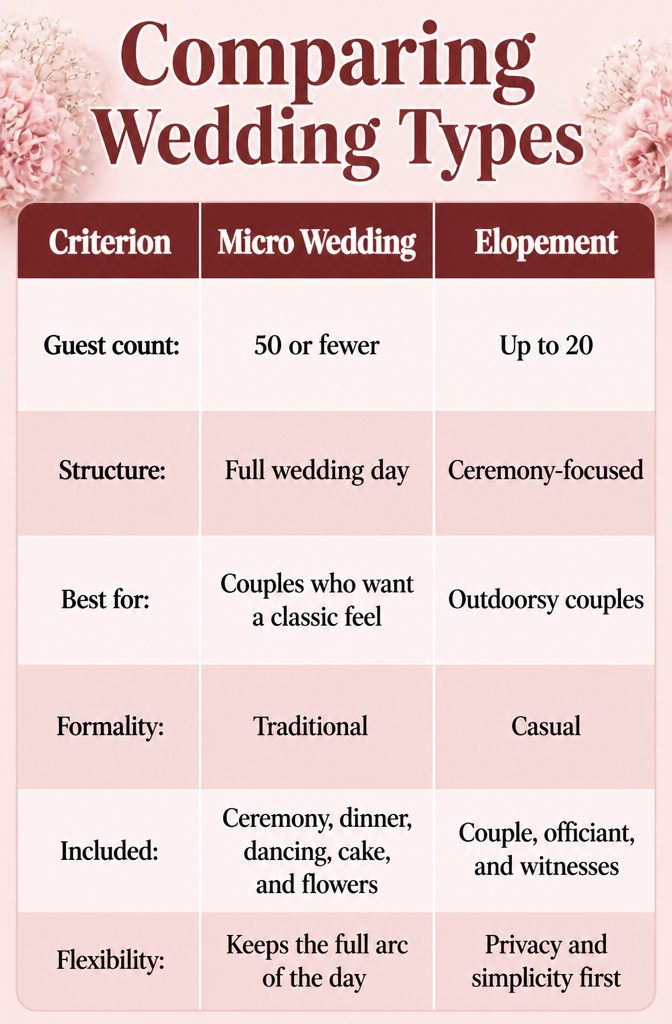 How to Plan a Small Wedding Ceremony: 7 Steps for 2026 2 Chart comparing micro weddings, elopements, and minimonies.