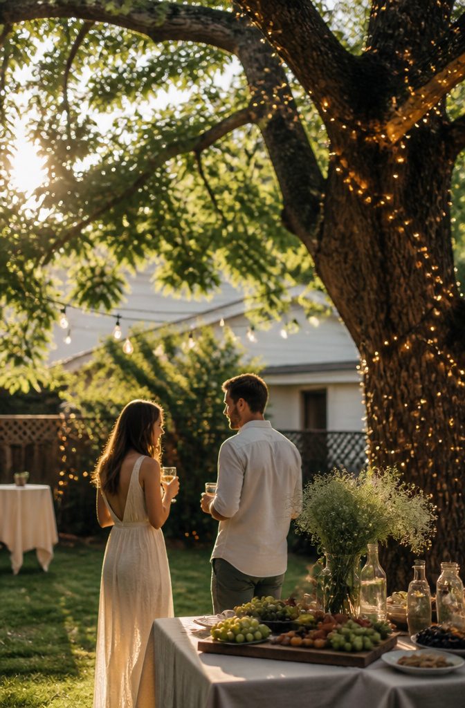 How to Plan a Small Wedding Ceremony: 7 Steps for 2026 6 Couple talking under an oak tree with fairy lights.