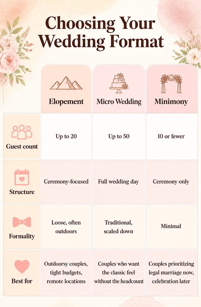How to Plan a Small Wedding Ceremony: 7 Steps for 2026 9 Comparison chart of elopements, micro weddings, and minimonies.