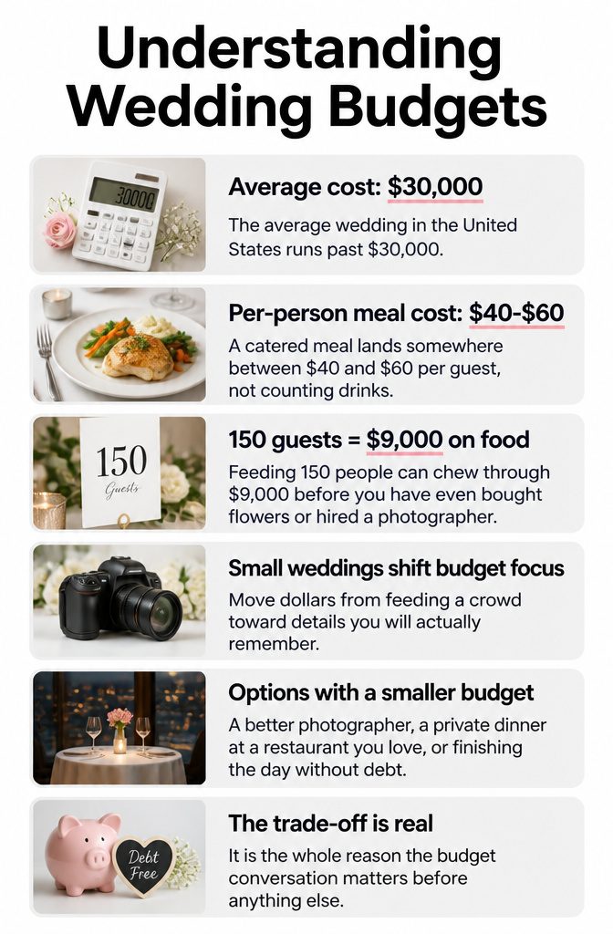 How to Plan a Small Wedding Ceremony: 7 Steps for 2026 3 Graphic showing average wedding costs and budget considerations.
