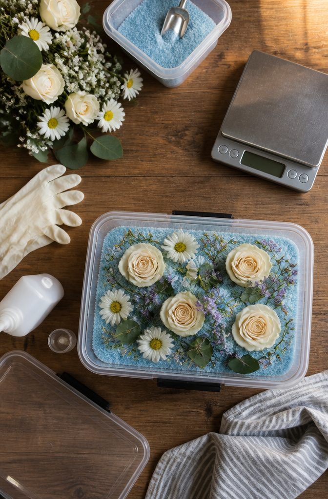 Dried flowers buried in silica gel inside an airtight container.