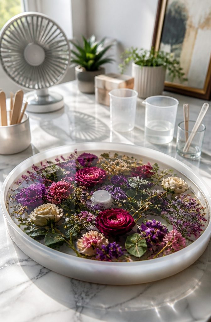 A mold filled with dried flowers ready for resin casting.