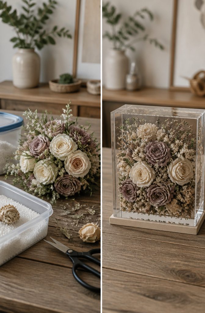 A couple considering options for preserving their wedding bouquet.