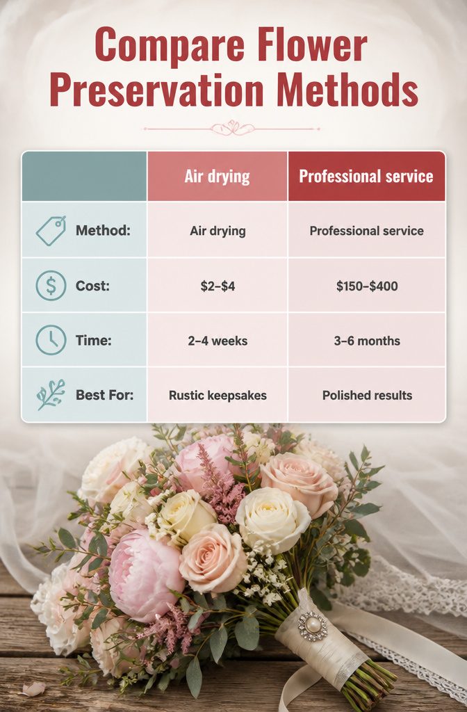 Comparison chart of various methods for preserving wedding flowers.