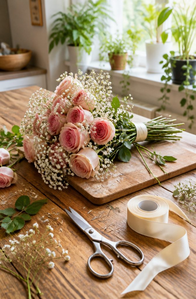 A wedding bouquet with pink roses and baby's breath on a wooden cutting board.