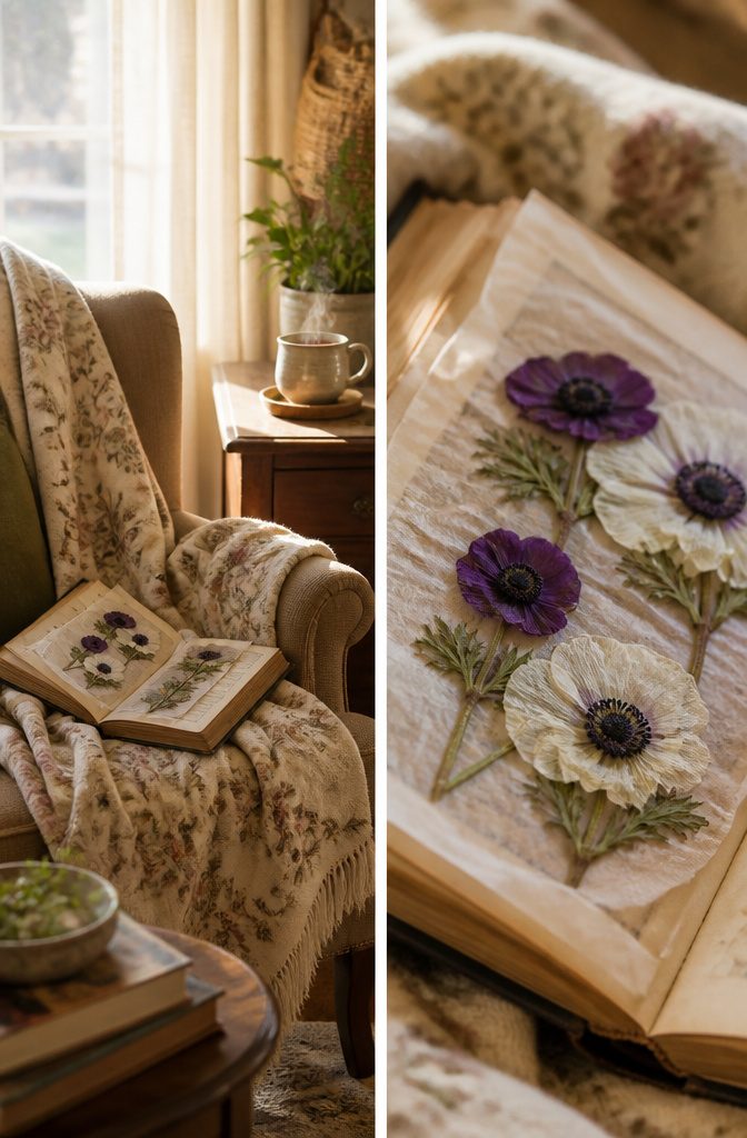 Dried flowers pressed between sheets of parchment paper in a book.