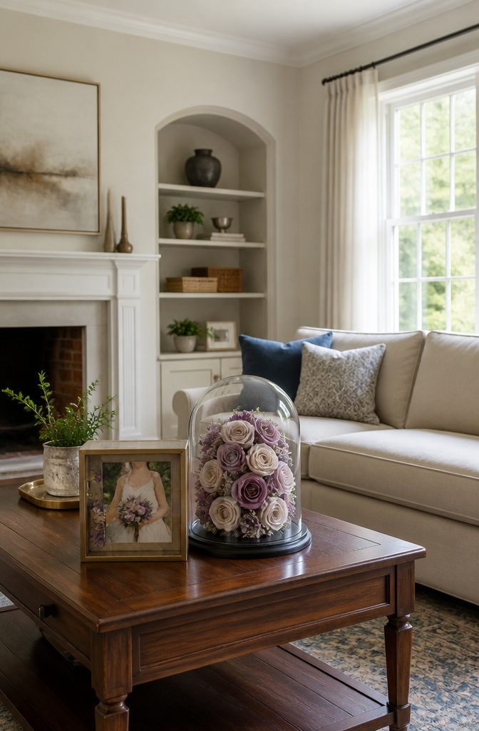Various display ideas for preserved flowers in shadow boxes and frames.