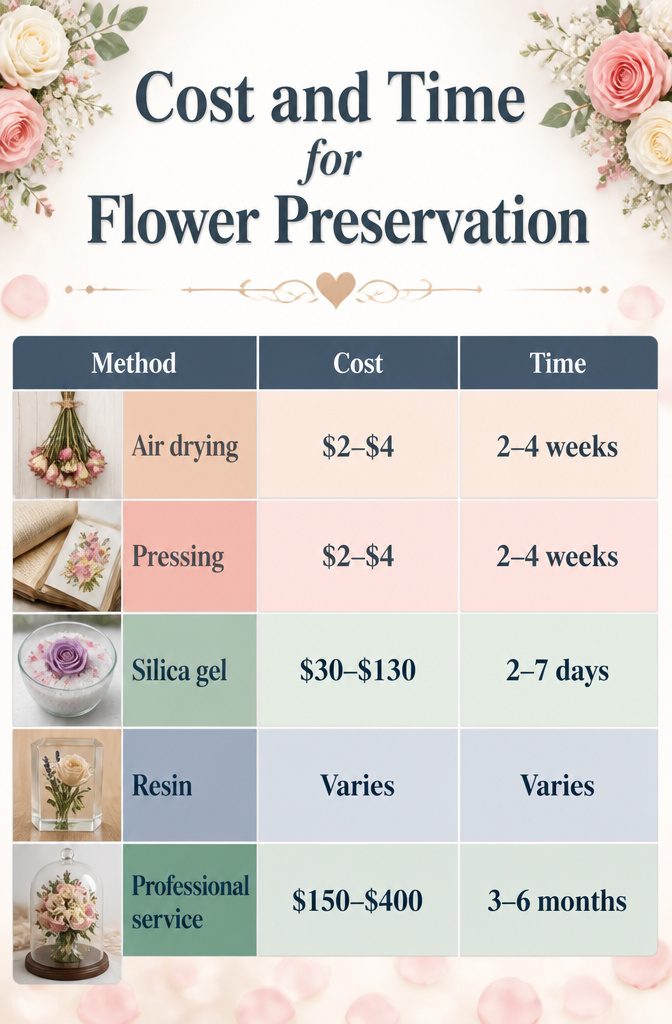 Chart showing costs and time for different flower preservation techniques.