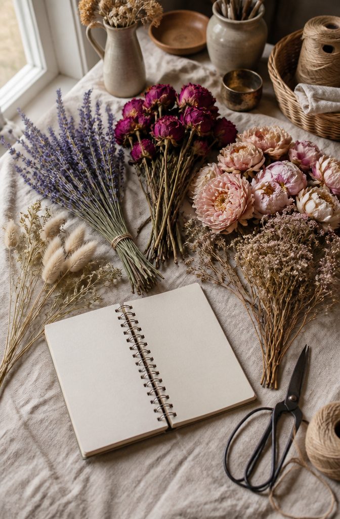 Dried lavender, roses, and peonies displayed on a fabric background.