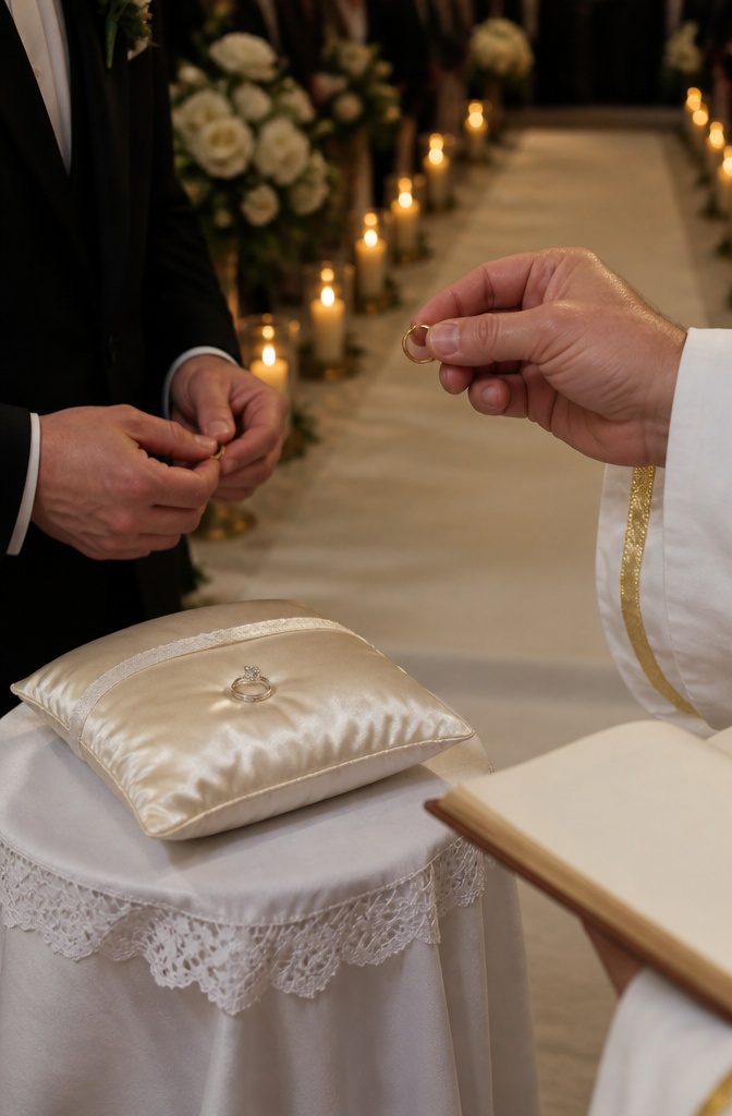 A wedding ceremony moment with rings on a satin cushion.