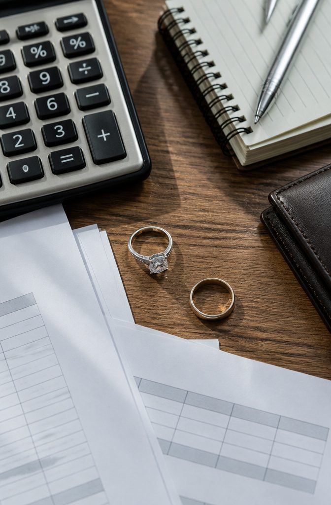A close-up of an engagement ring on a table.