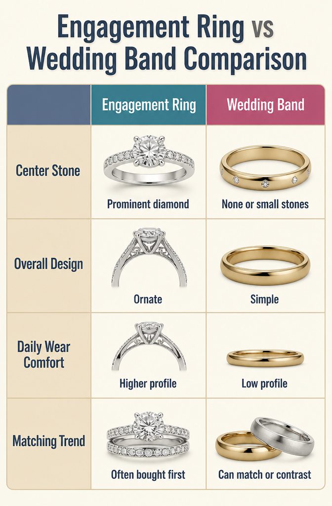 An image comparing an engagement ring and a wedding band side by side.