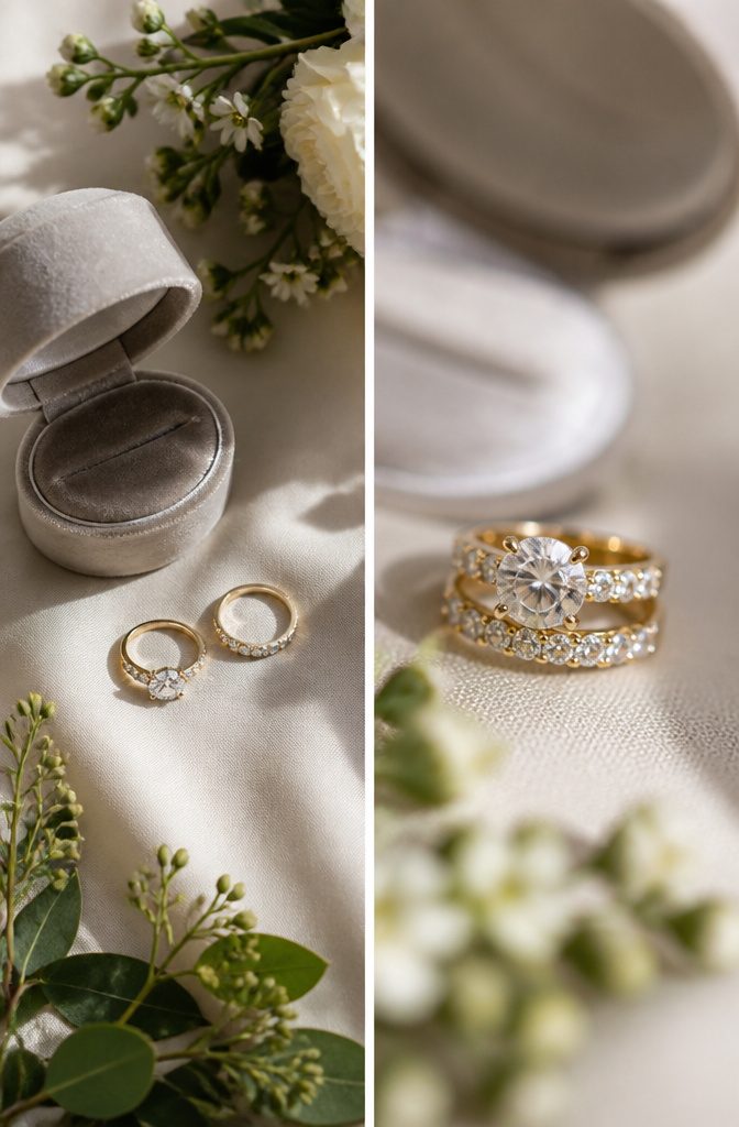 A bridal set showing a matching engagement ring and wedding band.
