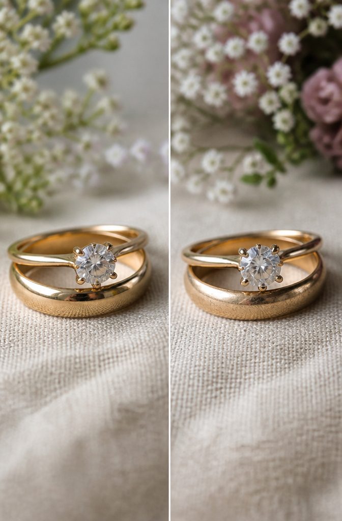 An engagement ring and wedding band on a soft fabric background.