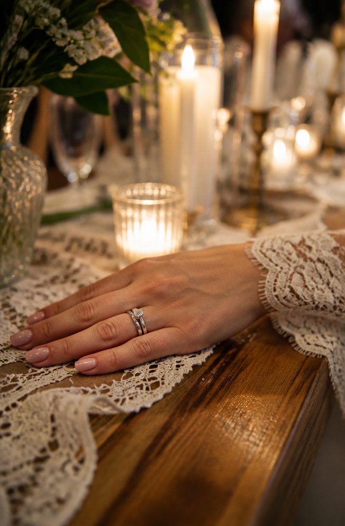 An engagement ring and wedding band stacked on a bride's hand.