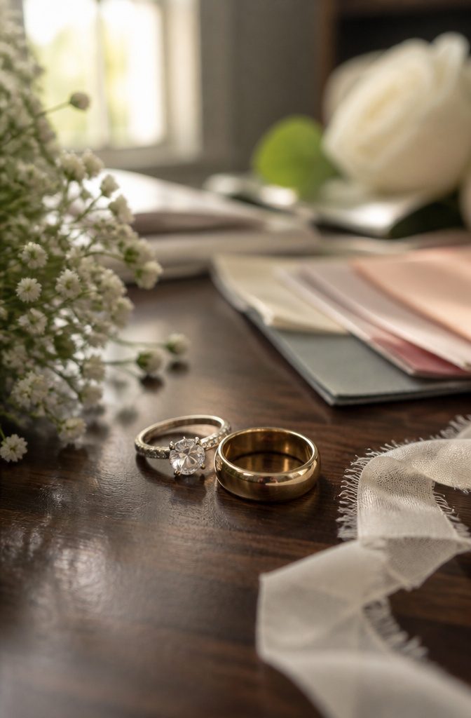 An engagement ring with a diamond and a gold wedding band on a wooden table.