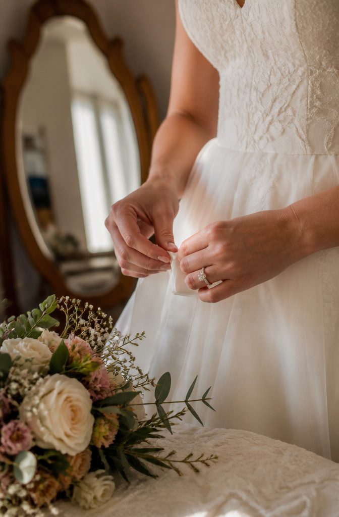 A bride preparing for her wedding day, focusing on her engagement ring.