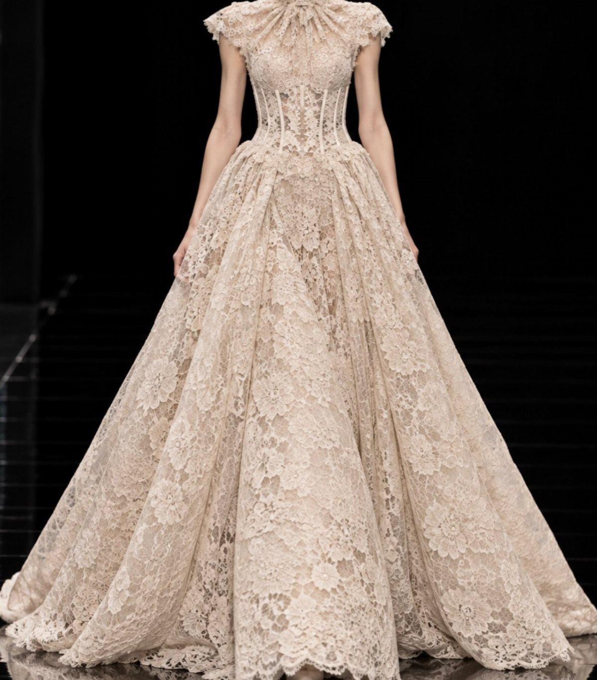 Champagne lace wedding gown with a structured corset bodice and a full A-line skirt.