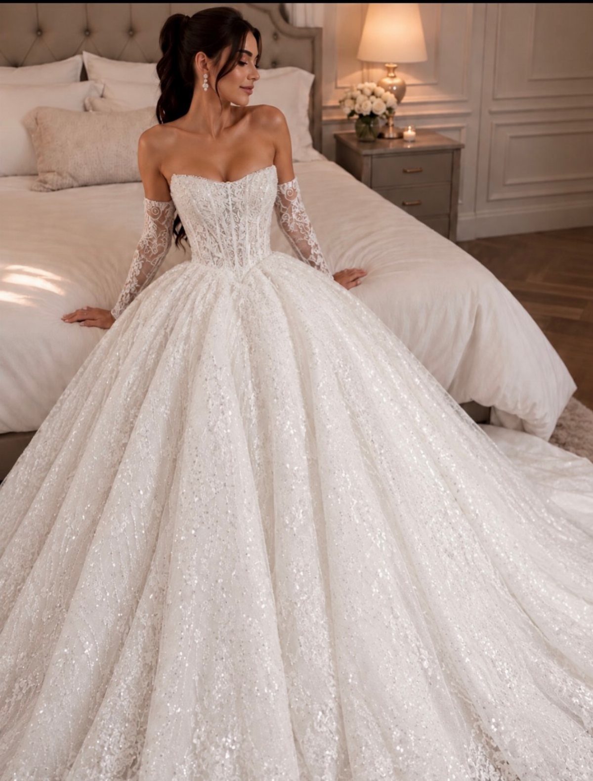 Woman in a white strapless corset wedding gown with a full sparkling skirt.