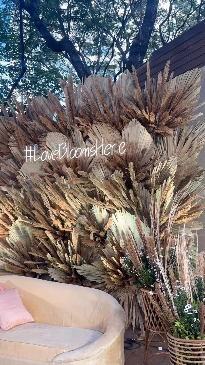 13 Mehndi Decoration Ideas for Outdoor Parties 12 Dried palm leaf backdrop with neon sign and beige sofa for outdoor event.