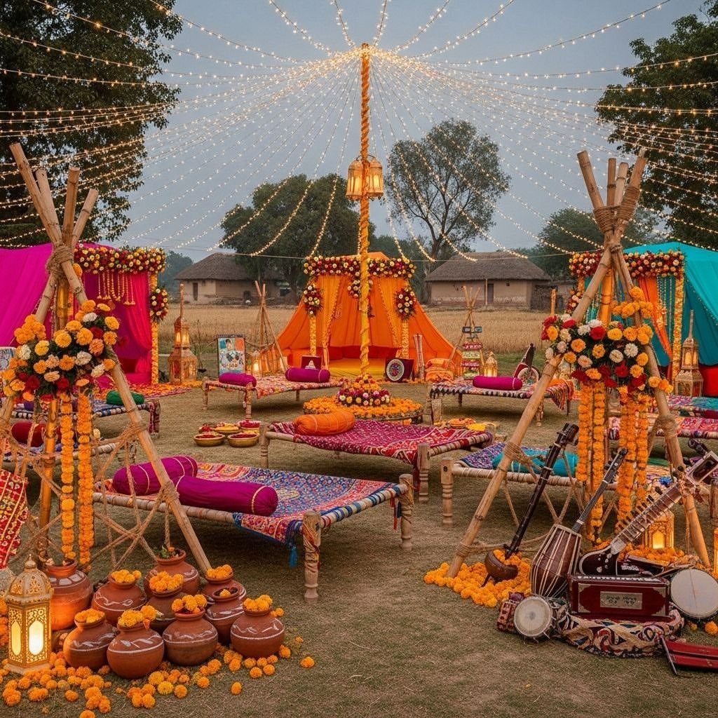 13 Mehndi Decoration Ideas for Outdoor Parties 3 Colorful outdoor mehndi decoration with bright fabrics, marigold flowers, and string lights.