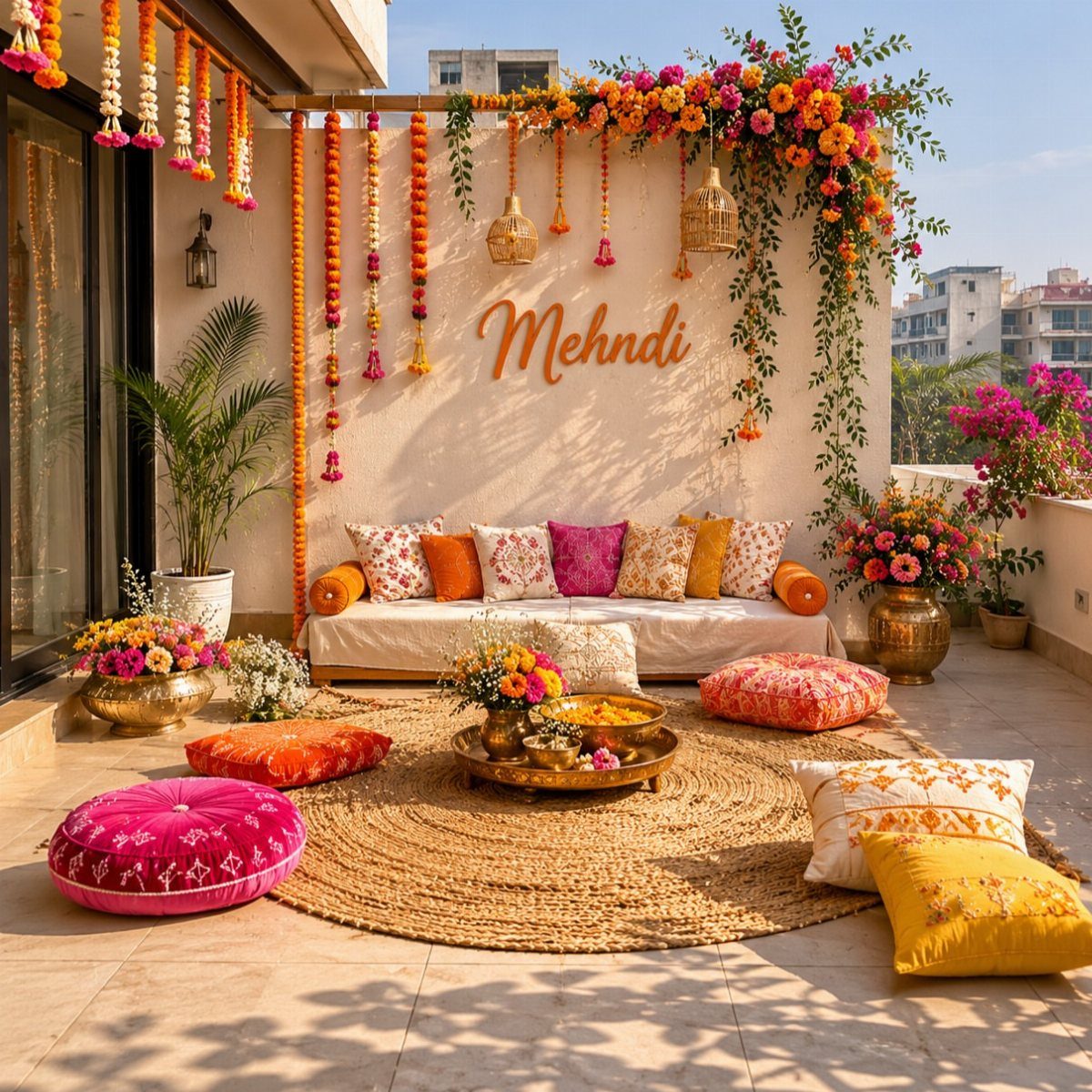 13 Mehndi Decoration Ideas for Outdoor Parties 14 Outdoor Mehndi decoration with marigold garlands, colorful cushions, and floral arrangements on a terrace.