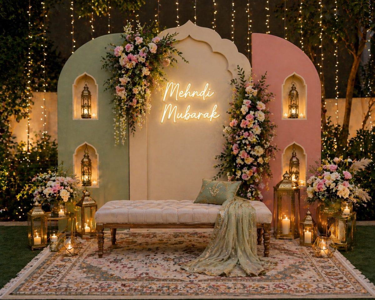 13 Mehndi Decoration Ideas for Outdoor Parties 8 Outdoor evening mehndi setup with arched backdrop, floral arrangements, lanterns, and fairy lights.