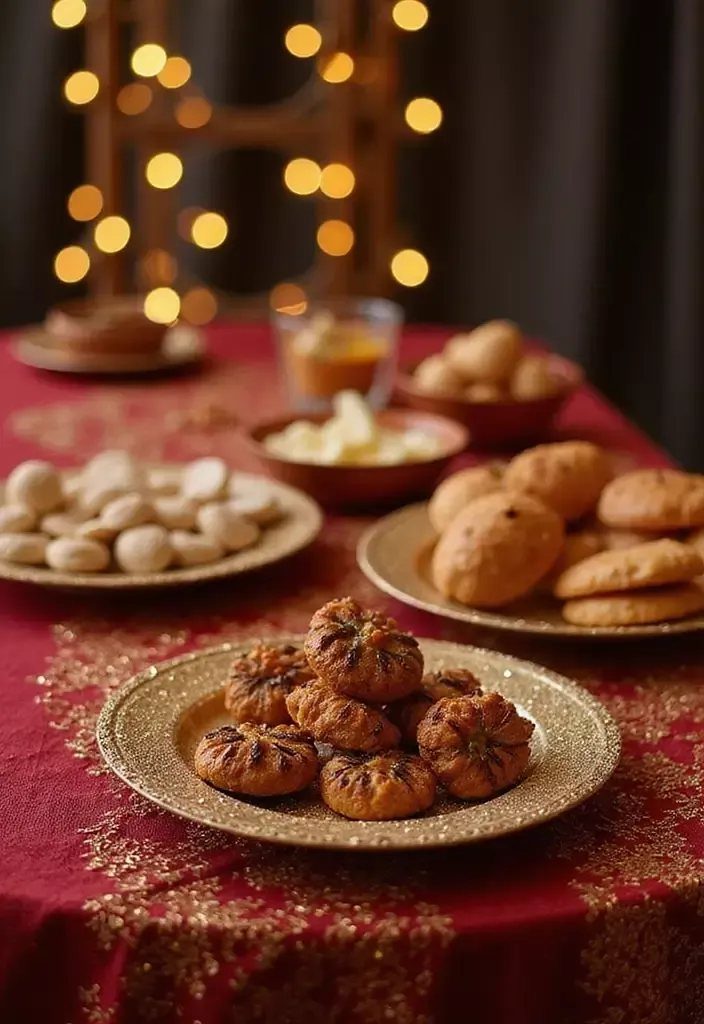 Gold metallic plates with Indian sweets on a red embroidered fabric tablecloth.
