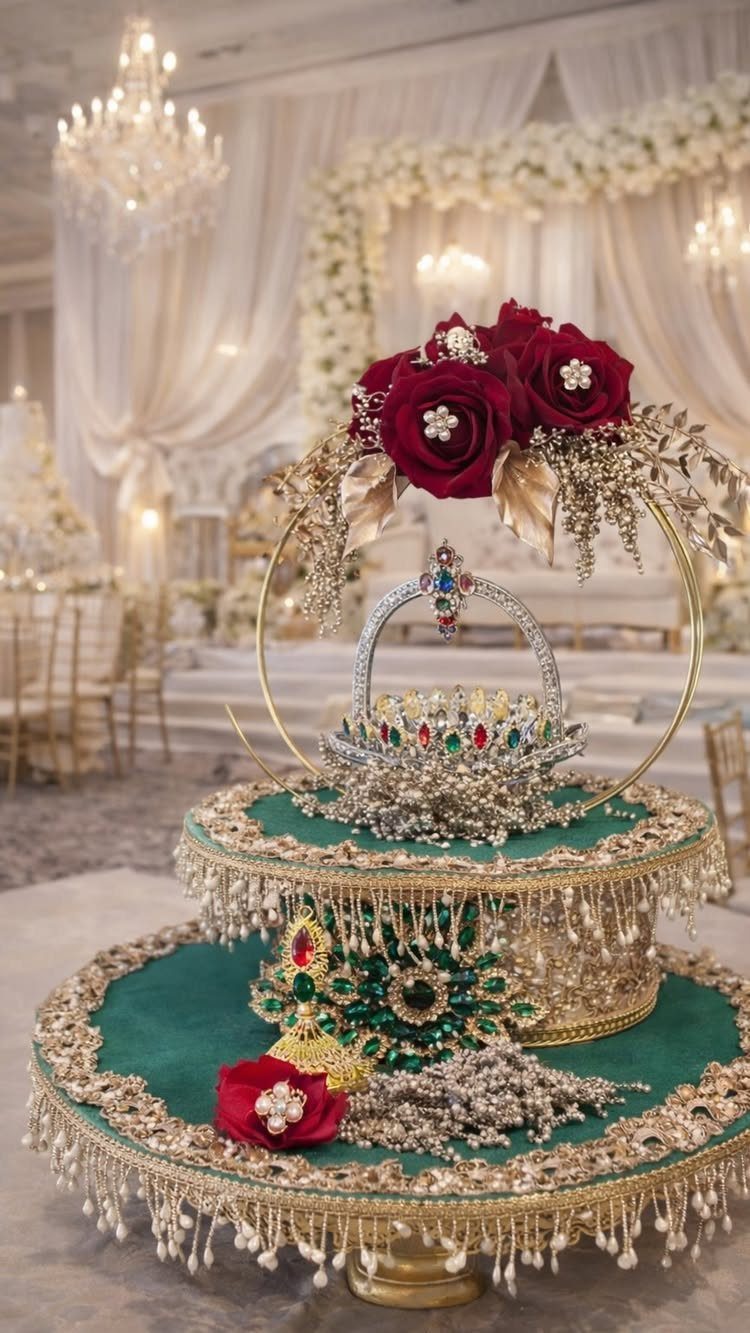 Two-tiered green velvet platter with gold embroidery, pearls, and red roses.