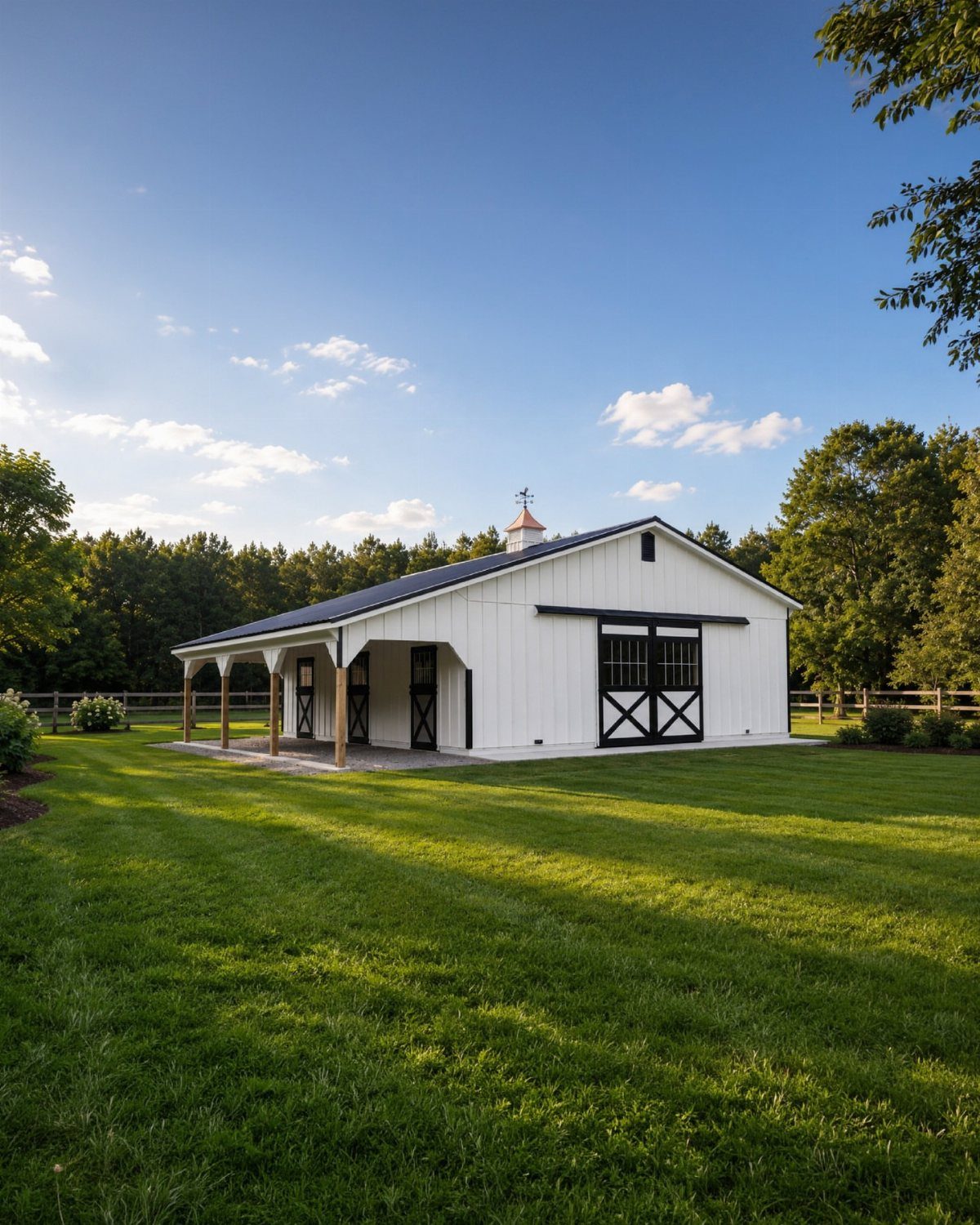White modern barn with black trim on a green lawn surrounded by trees