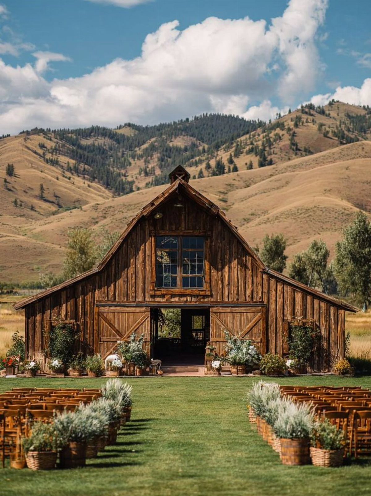 Rustic wooden barn wedding venue with chairs and plants against rolling hills.