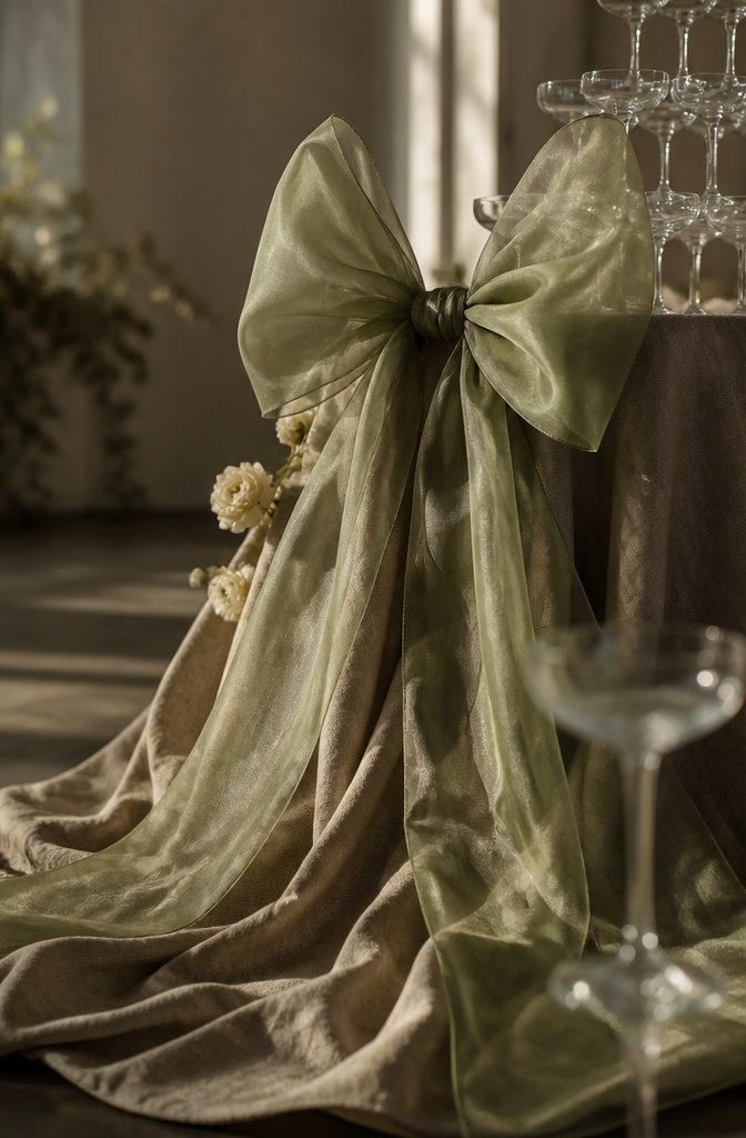 Sage Green and Brown Wedding: 8 Ways to Style the Palette 9 Large organza bow above linen pooling at the base of a display