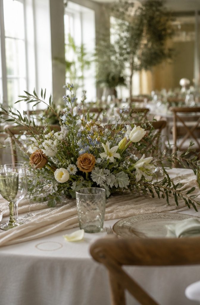 Sage Green and Brown Wedding: 8 Ways to Style the Palette 5 Garden-style wedding arrangement with eucalyptus, olive branches, roses, tulips, and daisies