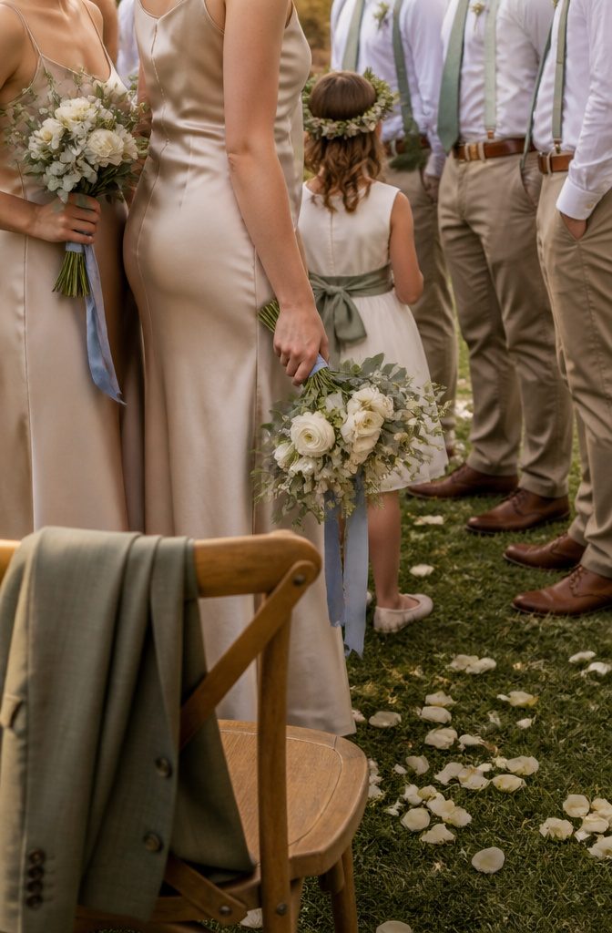 Sage Green and Brown Wedding: 8 Ways to Style the Palette 4 Bridesmaids in light beige dresses holding bouquets tied with powder blue ribbons