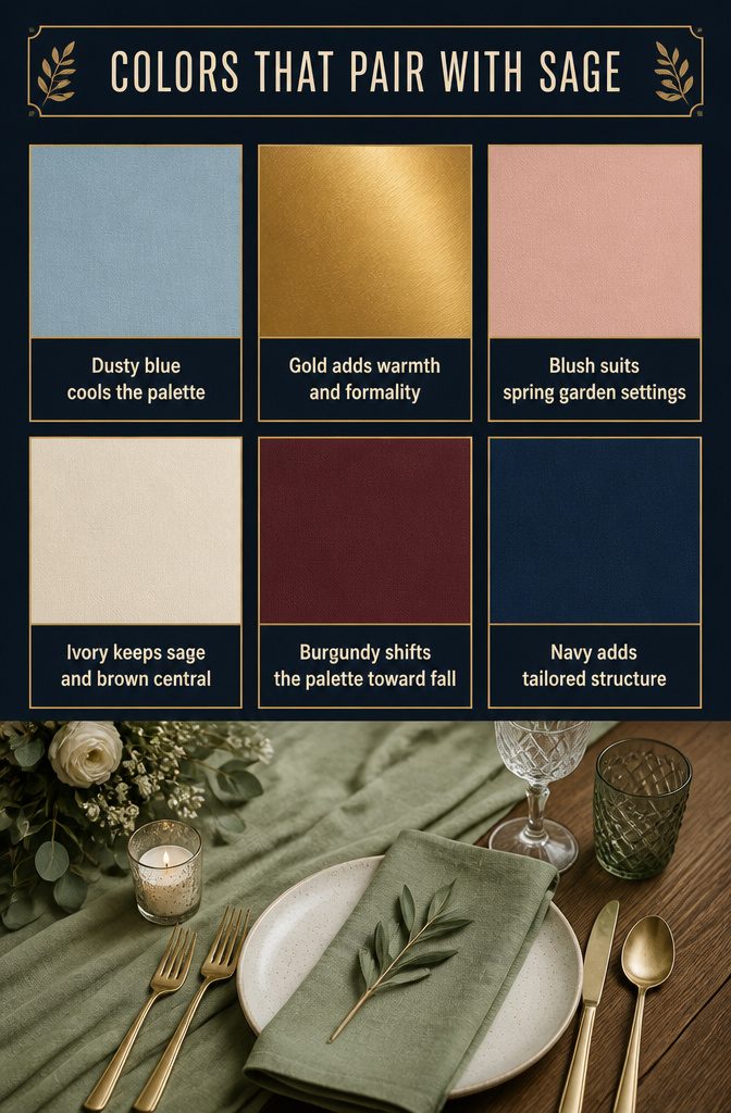 Sage Green and Brown Wedding: 8 Ways to Style the Palette 10 Wedding color pairing chart with sage alongside blue, gold, pink, burgundy, and navy