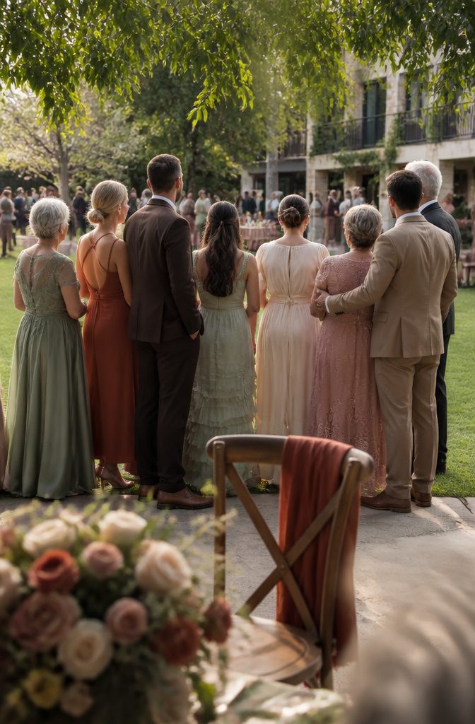 Sage Green and Brown Wedding: 8 Ways to Style the Palette 11 Wedding family group wearing sage green, chocolate brown, cream, dusty rose, terracotta, and soft gold
