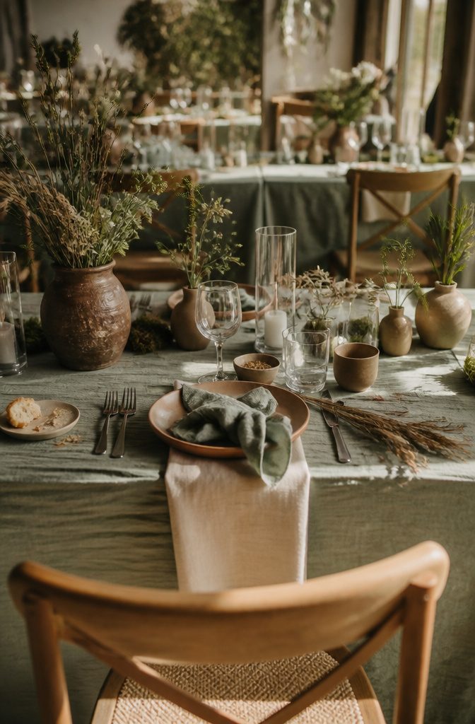 Sage Green and Brown Wedding: 8 Ways to Style the Palette 2 Wedding reception table with sage linen, brown wood, clay, and white flowers