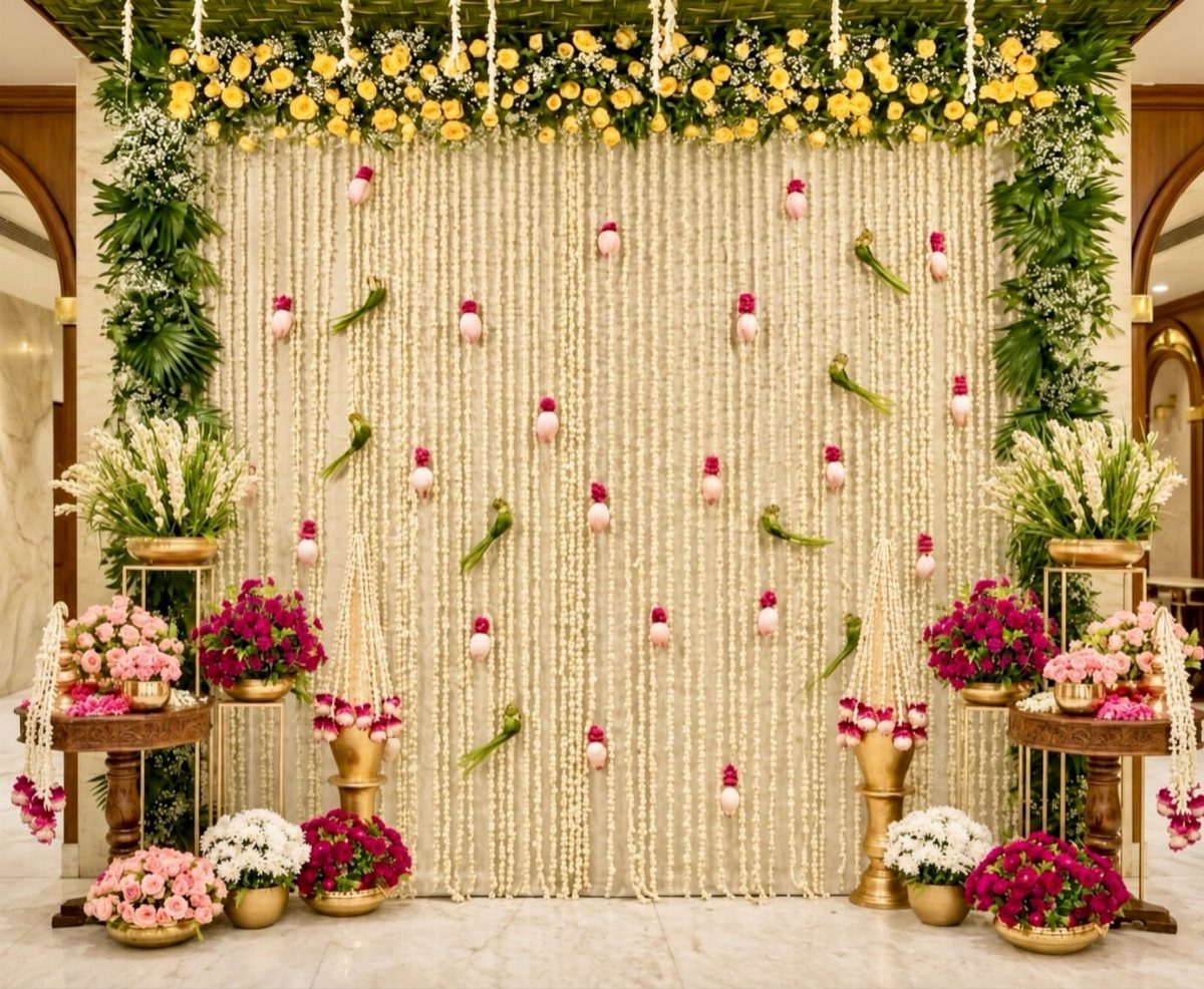 15 Seemantham Decoration Ideas for a Joyful Baby Shower 3 Floral backdrop with white flower strings and colorful flower arrangements in gold vases.