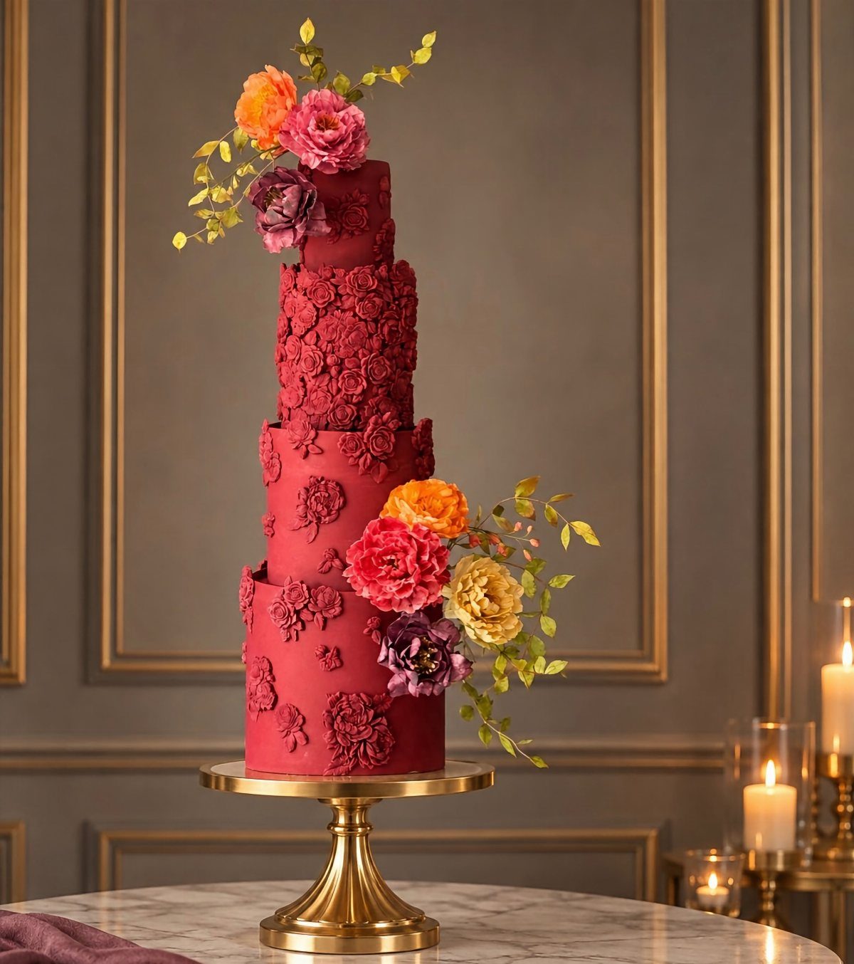 Four-tier red cake with cascading colorful sugar flowers on a gold stand.