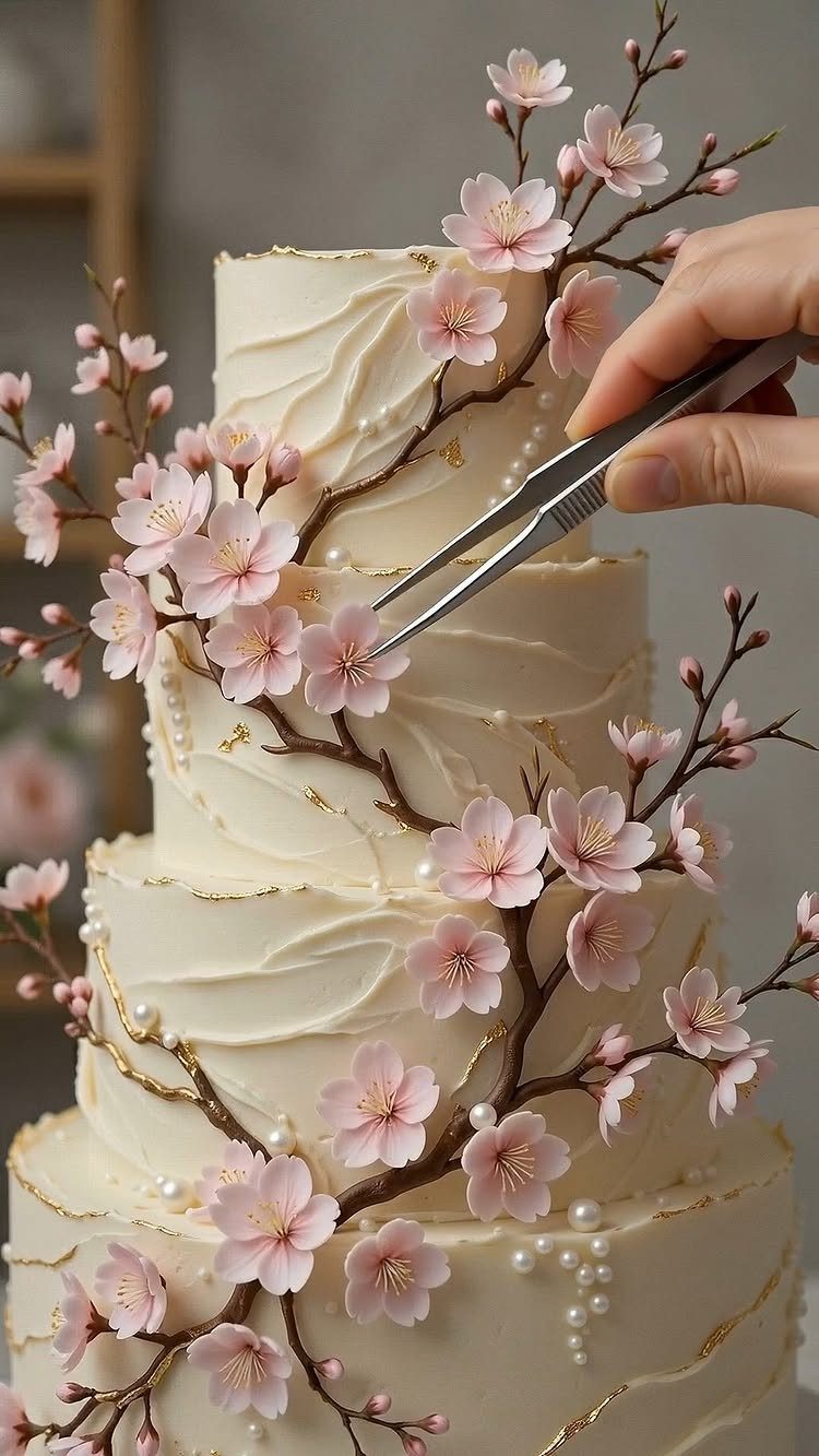 Multi-tiered white wedding cake with textured buttercream and pink cherry blossom decorations.
