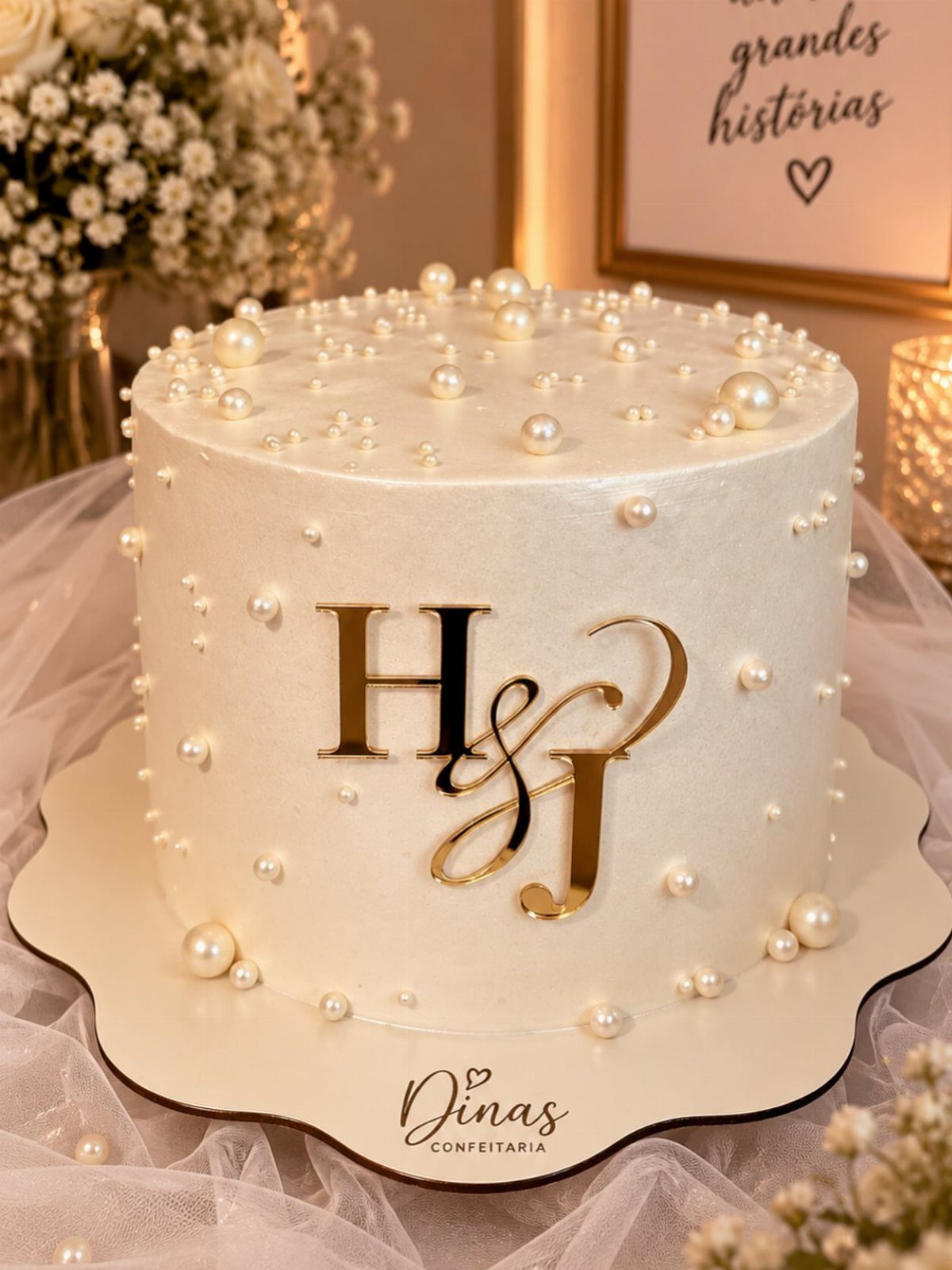 White single-tier cake with edible pearls and gold initials on a tulle background.